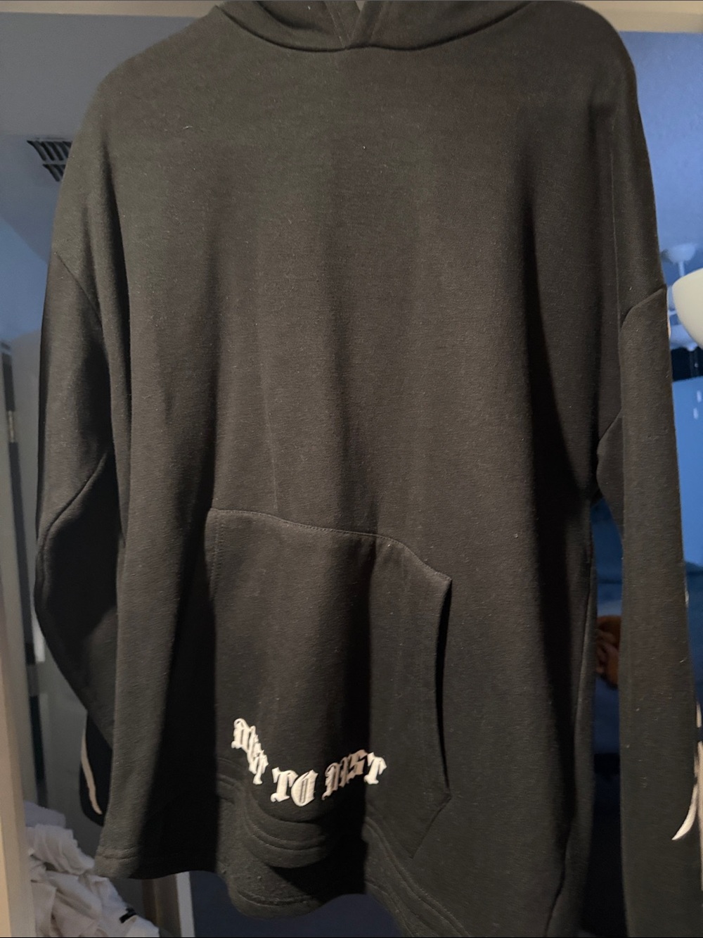 Black Men's Hooded Pocket Sweater with Script Detail